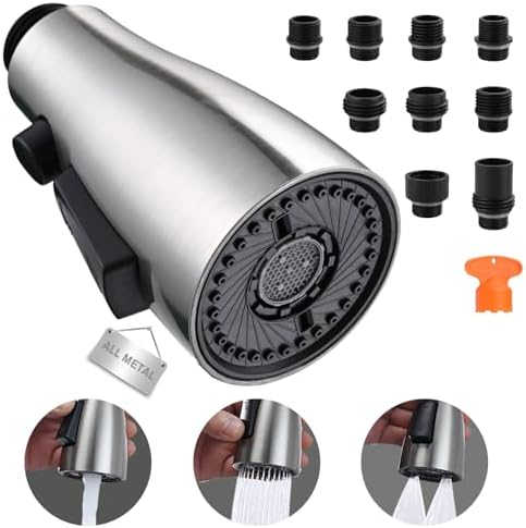 Metal Kitchen Faucet Head Replacement, 3-Function Pull Down Spray Head for Kitchen Faucet, High Pressure Sink Spray Nozzle with 9 Adapters Compatible with American Standard, Brushed Nickel by SonTiy