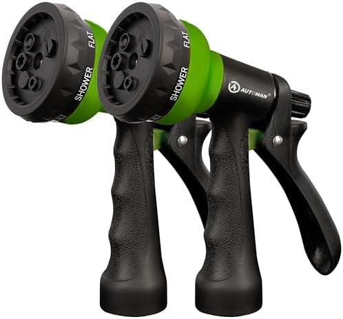 AUTOMAN-Garden-Hose-Nozzle, 2 Pack ABS Water Spray Nozzle with Heavy Duty 7 Adjustable Watering Patterns,Slip Resistant for Watering Plants,Lawn& Garden,Washing Cars,Cleaning,Showering Pets - Green by AUTOMAN