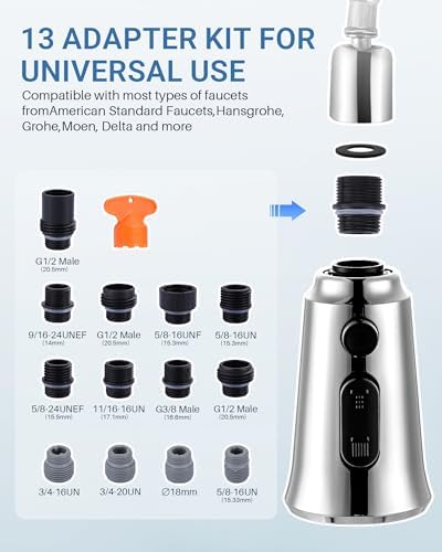 WOWOW Kitchen Faucet Head Replacement – 304 Stainless Steel 3-Mode Pull Down Spray Head with 13 Adapters, Compatible with Moen Delta Kohler American Standard, Easy DIY Install, Chrome - Image 6