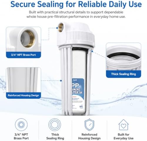 Whole House Water Filter Housing, Fit 10"x2.5" Sediment etc Filters for Well and City Water, Pre-Filtration System for Home, 3/4" Brass Port, Heavy Duty Steel Bracket, 4 Screws, Wrench, 1 Pp Cotton - Image 2
