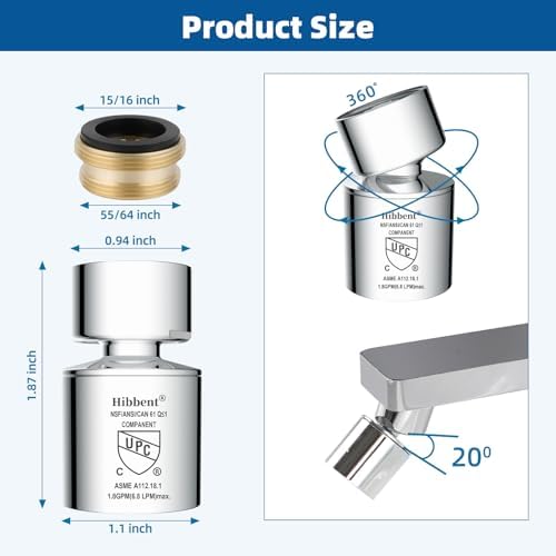 Hibbent NSF/ANSI/CAN 61 Certified Faucet Aerator, CUPC Certification 360° Swivel Kitchen Sink Aerator, Dual-function Sprayer Faucet Head, Faucet Replacement Part 55/64 Inch Female Thread - Chrome - Image 5