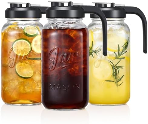 Glass Pitcher with Lid - 2 Quart Mason Jar Pitcher with Filter Lid, Wide Mouth Jar Leak-proof Water Jug, Heavy Duty Container for Water, Juice, Milk, Tea, Iced Coffee, and Drinks - Set of 3 by AOZITA