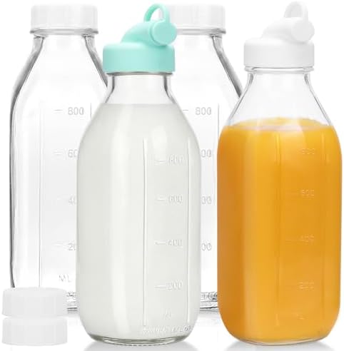 CUCUMI 4 Pack 32 Oz Glass Milk Bottle with Reusable Lid by CUCUMI