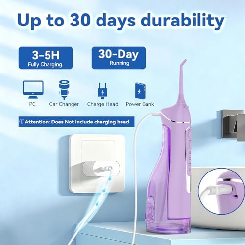 Cordless Portable Water Flosser with 300ML Tank: Rechargeable Oral Irrigator with 5 Tips for Travel, Braces Care and Sensitive Gums, IPX7 Waterproof Teeth Cleaning Device(Purple) - Image 5