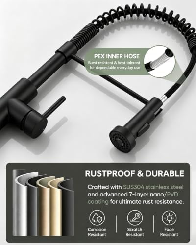 Matte Black Kitchen Faucet with Pull-Down Sprayer — Commercial Spring High-Arc Single-Handle Sink Faucet, Fits 1 or 3 Hole for Farmhouse, Bar, Camper and Laundry Room - Image 7
