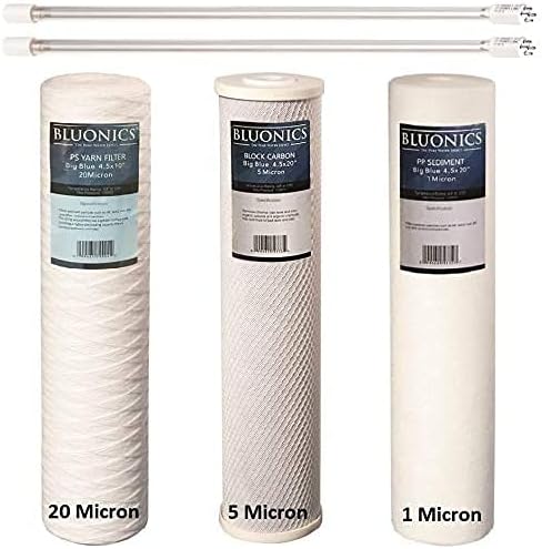 String-wound Sediment, CTO Carbon & Sediment + UV Bulb Replacement Filter Set for our Well Water System > 3pcs 4.5" x 20" Whole House Cartridges + Lamps by BLUONICS