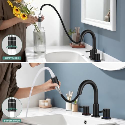 Bathroom Faucet 3 Hole with Pull Down Sprayer Matte Black, 2-Handle - Image 3