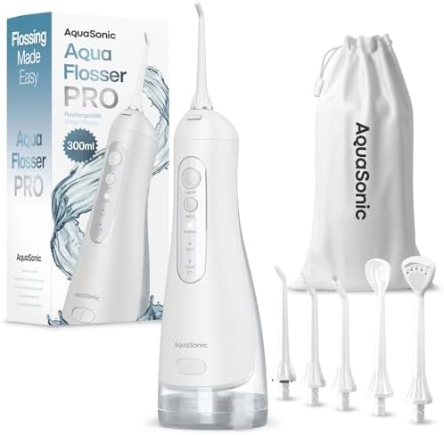 AquaSonic Aqua Flosser PRO - Rechargeable Electric Cordless Water Flosser for Teeth, Gums & Tongue - Waterproof Modern Design, 300ml Large Tank, 3 Modes, 6 Jet Tips, Deluxe Tongue Nozzle - Optic White by AquaSonic