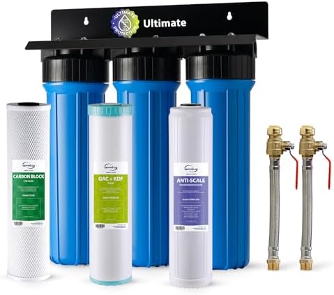 iSpring WGB32B-KDS+AHPF12MNPT16X2 Whole House Water Filtration System, Reduces Lead, Scale, Chlorine, Chloramine, 3-Stage Whole House Water Filter w/ 3/4'' Push-Fit Stainless Steel Hose Connectors by iSpring