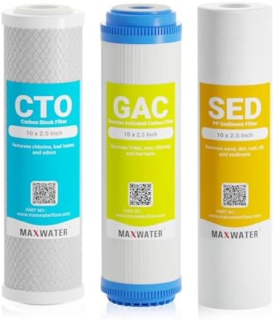 Max Water 5 Micron Replacement 10 x 2.5 inch Filter Cartridge Set For Standard RO | Reverse Osmosis Water Filter Systems - PP Sediment, GAC & CTO | Compatible with AP110, WHKF-GD05, WHKF-WHWC, GAC-10 by MaxWater