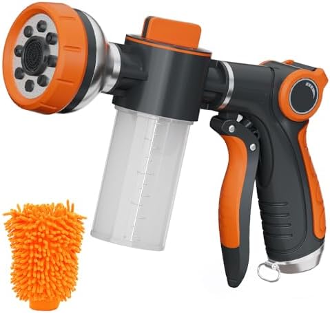 Garden Hose Nozzle,8 Patterns Hose Sprayer High Pressure,Heavy Duty Dog Wash,Metal Water Hose Nozzle with Soap Dispenser,Car Wash Foam Gun with A Car Wash Mitt by Hongmai