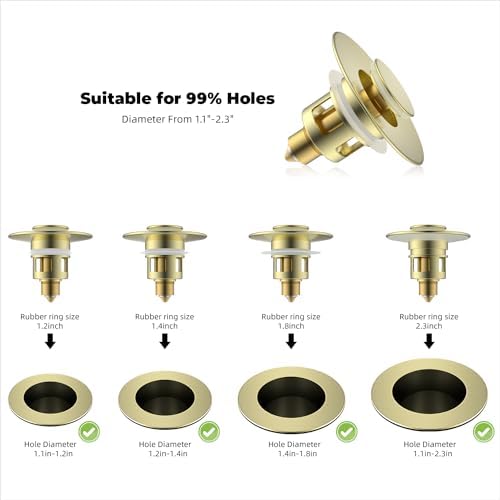Hibbent All Metal Universal Bathroom Sink Stopper for 1.1''~2.3'' Basin, Pop Up Sink Drain Strainer, Brass Bullet Core Push Type Stopper, Stainless Steel Anti Clogging Drain Filter, Brushed Gold - Image 5