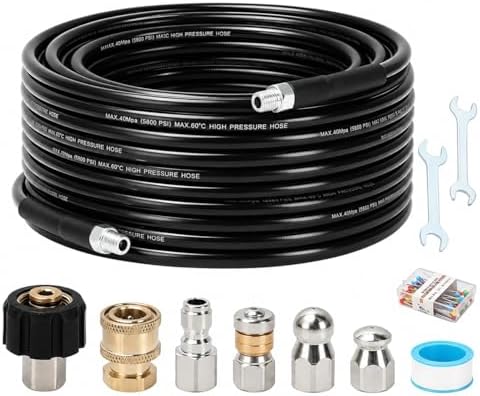 Sewer Jetter Kit for Pressure Washer, 50FT Drain Cleaning Hose with Corner Rotating and Button Nose Nozzles, 1/4" NPT Sewer Jet Nozzle Set with Spanner, Tape, Pins, 5800 PSI by Javneo