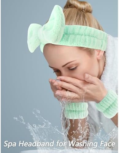 VELSCRUN Spa Headband, Makeup Face Wash Skincare Headbands, 6 Pcs Bright Green Sponge Bow Tie Get Ready HairBand Facial Wristband Set, Stuff for Teen Girls Women Trendy Fashion Hair Accessories - Image 2