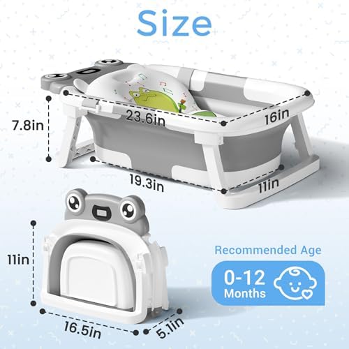 BUNWAG Baby Bathtub, Collapsible Newborn Bathtub for Infant to Toddler with Soft Cushion and Thermometer,Portable Travel Newborn Tub with No-Slip Feet, Baby Shower Gifts, 0-12 Months Baby Bath, Grey - Image 3