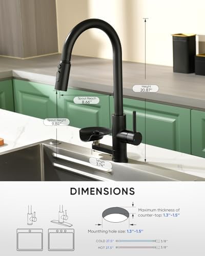 Kitchen Faucet with Cup Washer Pull Down Sprayer Stainless Steel Kitchen Sink Faucet with Deck Plate Glass Rinser Single Hole Black - Image 4