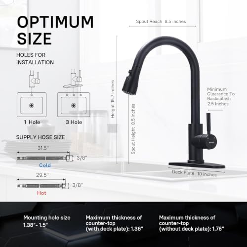 WEWE Pull-Down Kitchen Faucet, Leak-Proof, Matte Black, Single Handle - Image 3