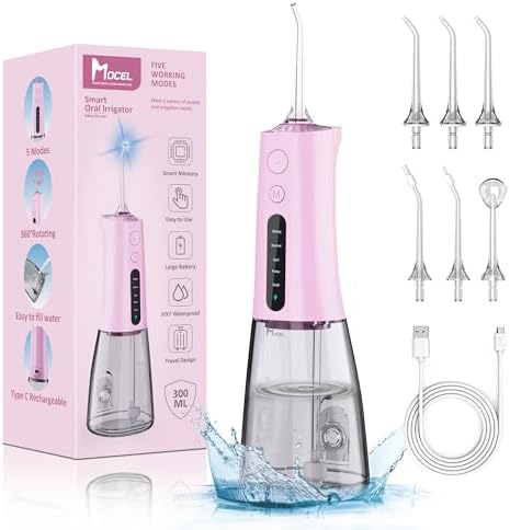 MOCEL Water Dental Flosser, Cordless Portable Oral Irrigator with OLED Display, 300ml Water Tank, 5 Cleaning Modes, 6 Jet Tips, IPX7 Waterproof Rechargeable Teeth Cleaner for Home, Travel, Braces Pink by MOCEL