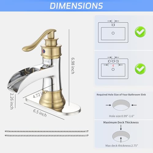 BWE Brass Waterfall Bathroom Faucet, Brushed Gold & Chrome for Modren Style - Image 3