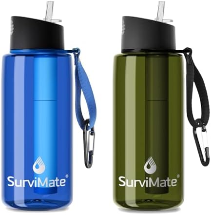 SurviMate Purified Water Bottle for Camping, Hiking, Backpacking and Travel, BPA Free with 5-Stage Intergrated Filter Straw by SurviMate