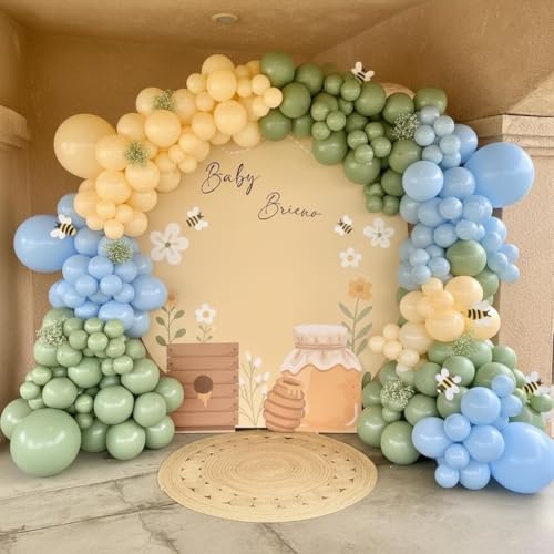 184Pcs Classic Cartoon Balloon Garland Arch Kit - Classic Bear Theme Party Decorations with Blue Yellow Sage Green Sand White Balloons for Baby Shower Girl Boy Birthday Party Decorations - Image 4