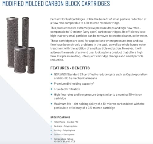 Pentair Pentek FloPlus-10 Carbon Block Water Filter, 10-Inch Under Sink Molded Cartridge, NSF 53 Cyst Reduction, 9.75" x 2.88", 0.5 Micron, Low Pressure Drop - Image 3