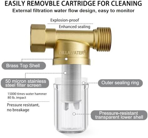 Reusable Brass Washing Machine Water Filter, 50 Micron Washer Water Filter, for Washer, Shower, Faucet, RV, Travel, External Filtration Rust, Anti Scale Portable Sediment Filter - Image 2