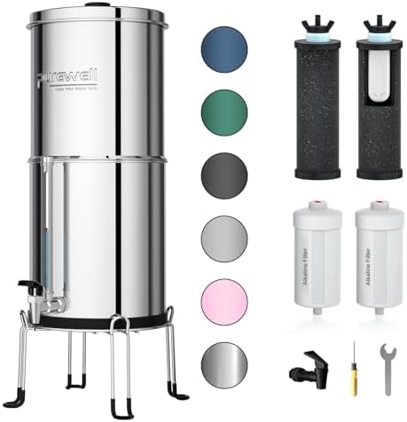 Purewell 7-Stage 0.01μm Ultra-Filtration Alkaline Water Filter System with 4 Filters, Metal Water Level Spigot and Stand, 304 Stainless Steel, Reduce Fluoride & Chlorine, pH 8-9, 2.25G, PW-OB-FT by Purewell