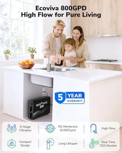 Ecoviva E8 800 GPD Reverse Osmosis Water Filter, 9-Stage Filtration RO System, Undersink Water Purifier, Reduces TDS, 2.5:1 Pure to Drain, Tankless, LED Smart Faucet - Image 2