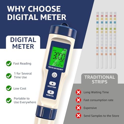 Pool Salt Tester & PH Meter - 5-in-1 Digital TDS Meter for Salinity PH Temp and EC, 0.01 High Accuracy, Swimming Pool, Hydroponics, Aquarium, Hot Tub, PPM Meter for Pool, Drinking Water, Wine, Food - Image 2