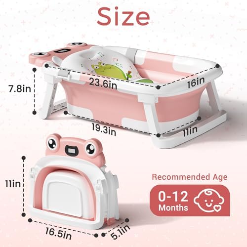 BUNWAG Baby Bathtub, Collapsible Newborn Bathtub for Infant to Toddler with Soft Cushion and Thermometer,Portable Travel Newborn Tub with No-Slip Feet, Baby Shower Gifts, 0-12 Months Baby Bath, Pink - Image 3