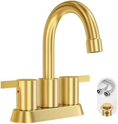 Brushed Gold 4 Inch 2 Handle Centerset Lead-Free Bathroom Faucet, Swivel Spout with Copper Pop Up Drain and 2 Water Supply Lines, BF015-1-BG by Phiestina