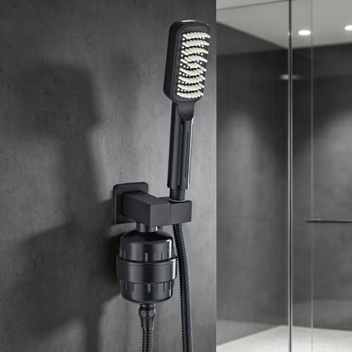 Filtered Handheld Shower Head with Hard Water Filter, Matte Black Wide Face Hand Held Showerhead with Hose and Bracket Set, High Pressure Built-in Power Wash - Image 3