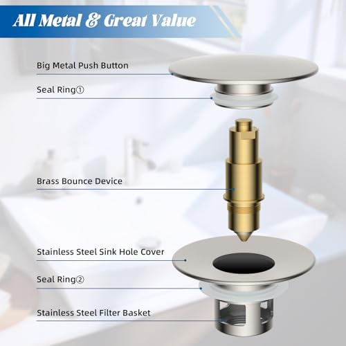 Hibbent 2 Pack All Metal Upgraded Bathroom Sink Stopper, Universal Pop Up Sink Drain Strainer, Brass Bullet Core Push Type Stopper for 1.1''~2.3''' Basin, Anti Clogging Drain Filter, Brushed Nickel - Image 6