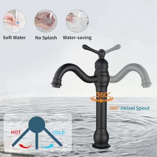 Black Bathroom Faucet GGStudy 360° Swivel Single-Handle One Hole Bathroom Vessel Sink Faucet Matching Pop Up Drain - Image 6