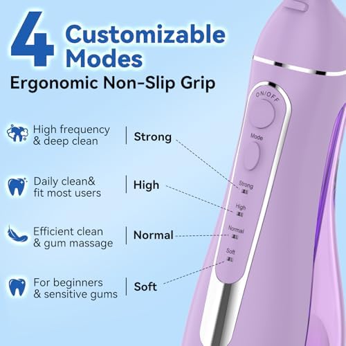 Cordless Portable Water Flosser with 300ML Tank: Rechargeable Oral Irrigator with 5 Tips for Travel, Braces Care and Sensitive Gums, IPX7 Waterproof Teeth Cleaning Device(Purple) - Image 2