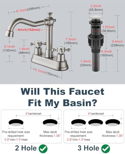 Aolemi 4 Inch Centerset Bathroom Sink Faucet 2 H&C Handle Brushed Nickel - Image 6