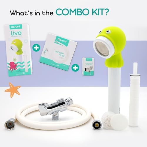 Barumi Livo Filtered Showerhead for Kids Combo Kit | Octopus Lime | Children's Handheld Shower Heads with PVC Hose & Shower Holder - Image 3