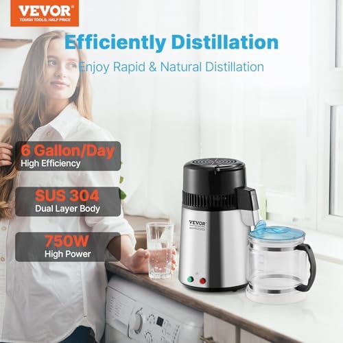 VEVOR Water Distiller, 4L/1.1 Gallon Pure Water Purifier Filter for Home Countertop, 750W Distilled Water Maker, Stainless Steel Interior Distiller Water Making Machine to Make Clean Water, Silver - Image 2