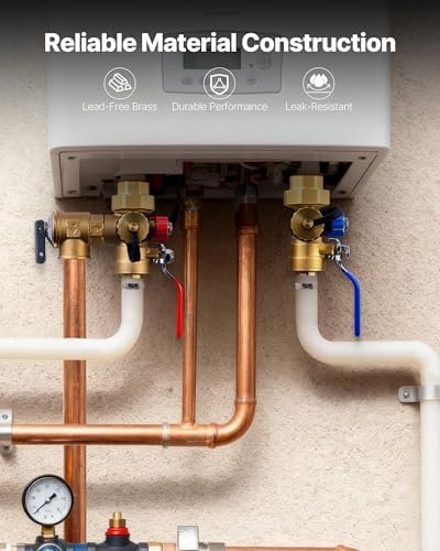 VEVOR Water Heater Kit, 3/4 Inch Tankless Water Heater Service Valve Kit with 2PCS 3/4″ NPT to 3/4″ PEX-B Isolation Valves, Pressure Relief Valve, Lead-Free Brass, Fits Most Tankless Waters Heaters - Image 3