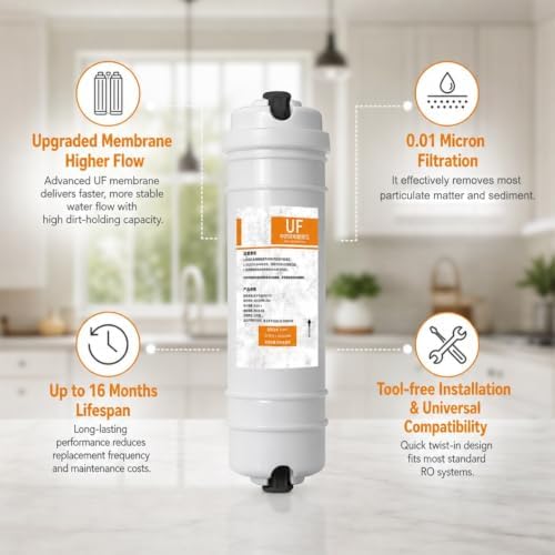 1‑Pack 10‑Inch Quick‑Connect UF Ultrafiltration Membrane Filter Cartridge, 0.01‑Micron Hollow Fiber Pre‑Filter with 1/4" Push‑Fit Fittings & Elbow Adapter for RO Systems - Image 5
