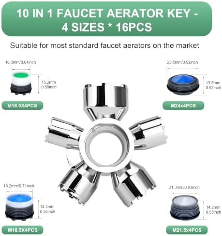 Upgraded Metal 10-in-1 Faucet Aerator Tool Kit,Includes 16 Pack Replacement Faucet Aerators M16.5/M18.5/M21.5/M24 (4 Each Size),Universal Heavy-Duty Removal Key,Must-Have DIY Plumbing Fixes - Image 2