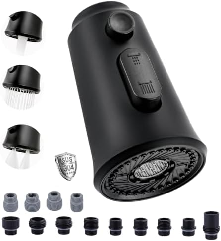 Kitchen Faucet Head Replacement – 304 Stainless Steel 3-Mode Pull Down Spray Head with 13 Adapters, Compatible with Moen Delta Kohler American Standard, Easy DIY Install, Matte Black by WOWOW