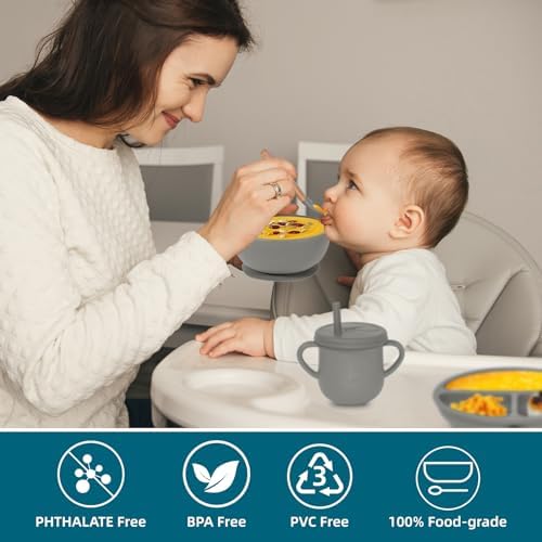 100% Silicone baby feeding set,BPA free Baby dishes set with Suction Bowl Divided Plate,Toddler Self Feeding Dish Set with Spoons Forks Sippy Cup And Bib, Baby Eating Utensils (Grey) - Image 5