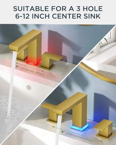 FORIOUS Gold LED Bathroom Faucet 3 Hole, 3 Color Changing LED Light Faucet - Image 6