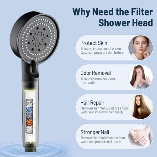 High Pressure Shower Head Black with Hose, 5-Spray Filtered Showerhead with No-Drill Holder, Water Softener Beads & ON/OFF Switch for Daily & Pet Care, Removes Chlorine, Softens Hard Water - Image 2