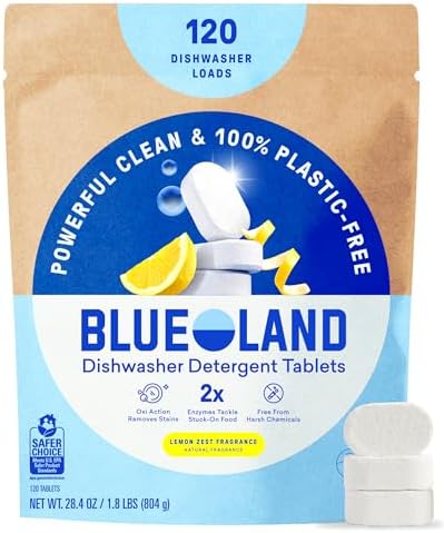 BLUELAND 100% Plastic-Free Dishwasher Detergent Tablets, 120ct, Lemon Zest by BLUELAND