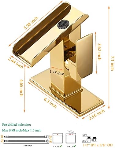 Gold Bathroom Faucets LED Waterfall Spout One Hole RGB 3 Colors Light Changing Lavatory Vanity Sink Faucet Brass Single Handle Modern Washbasin Bath Basin Tap Contemporary with Water Supply Lines - Image 2