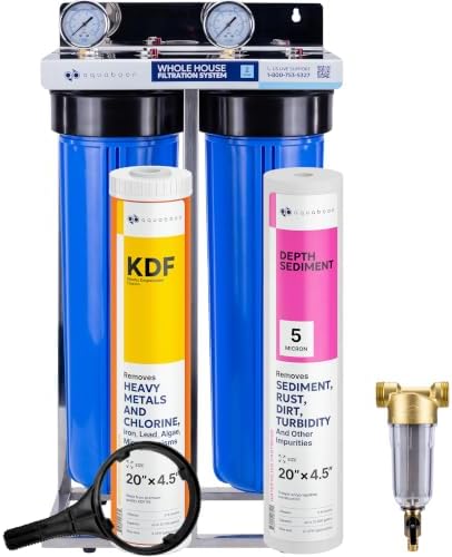Aquaboon 2-Stage Whole House Water Filter System 20x4.5 inch with Prefilter & KDF, Sediment, Gauge & Release, Wrench, Freestanding Steel Frame by Aquaboon