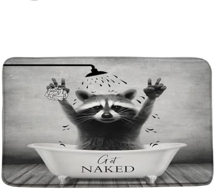 Lovely Raccoon Bath Mat Cute Animal in Bathtub Bubble Shower Head Get Naked Rustic Wooden Board Farmhouse Bathroom Rug Microfiber Memory Foam Shower Mat Kitchen Bath Floor Rugs, 20x31 Inch by UOZXOML